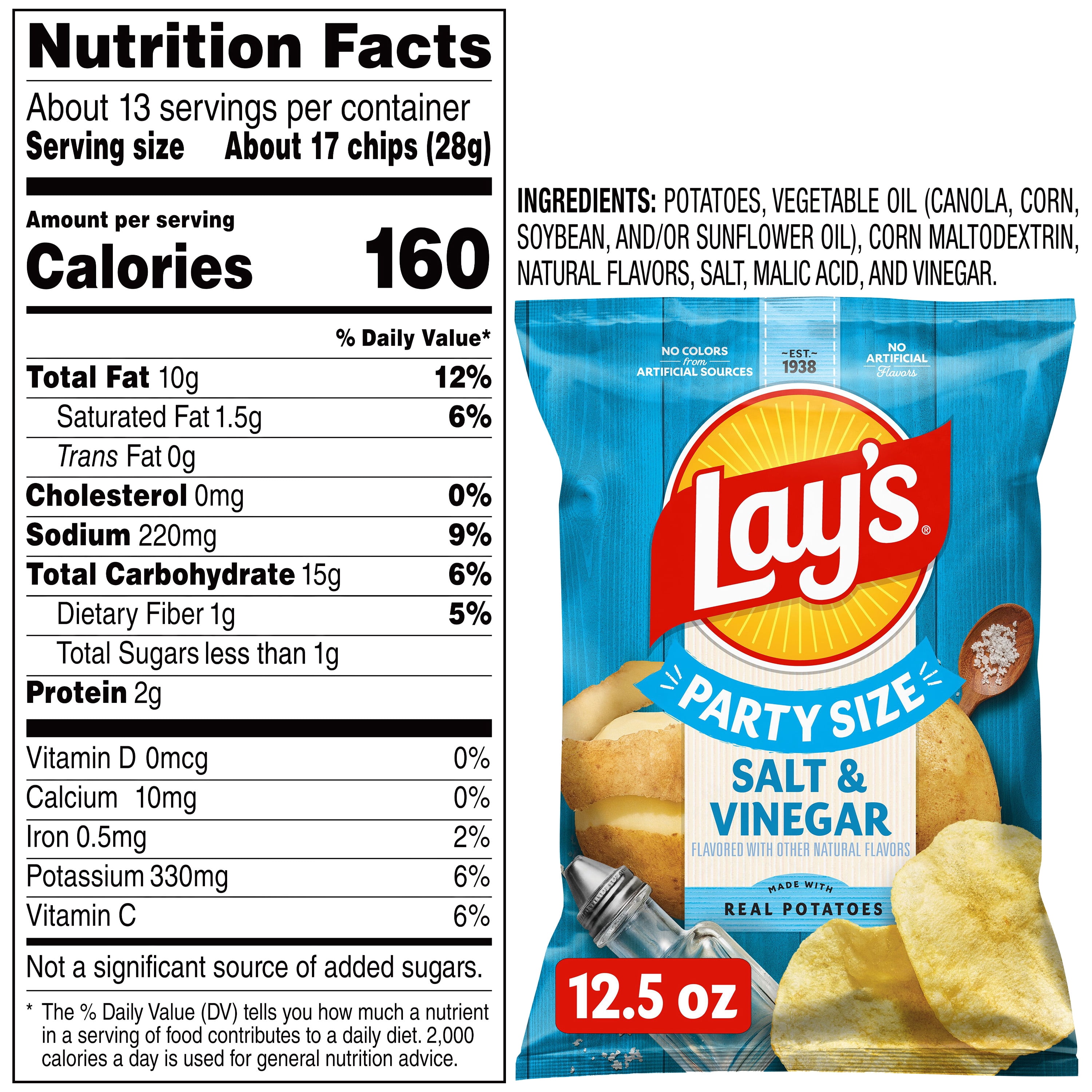 Lay's Salt & Vinegar Potato Snack Chips,Party Size, 12.5 oz Bag