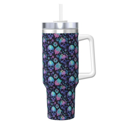 

Cauagu Flower Blue Skull Print Stainless Steel Vacuum Insulated Tumbler 40oz Water Bottle with Handle & Flip Straw Reusable Travel Coffee Mug for Women & Men
