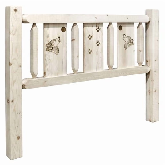 Montana Woodworks  Homestead Collection California King Size Headboard with Laser Engraved Wolf Design, Clear Lacquer Finish