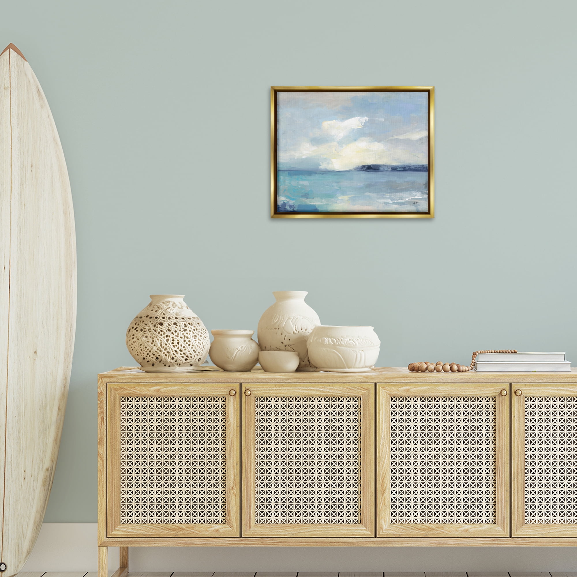 Stupell Industries Sunny Peninsula Seascape Landscape & Nature Painting Gold Floater Framed Canvas Art Print Wall Art, 21 x 17