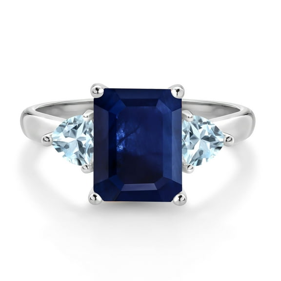 Gem Stone King 10K White Gold Blue Sapphire and Sky Blue Aquamarine Engagement Ring | 2.86 Cttw | Emerald Cut 9X7MM | Trillion 4MM | 3 Stone Gold Ring for Women (Size 7)