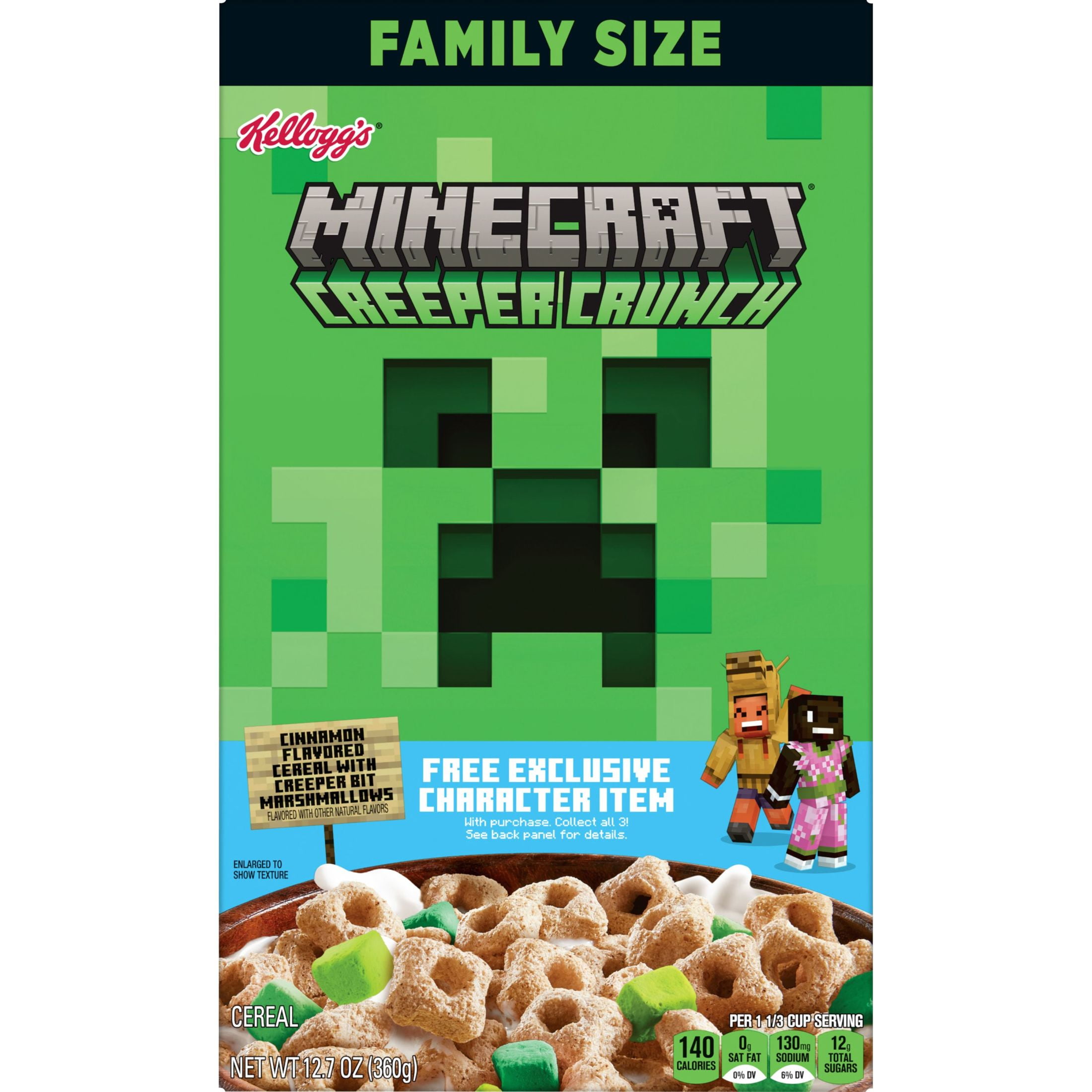 Kellogg's Minecraft Creeper Crunch Breakfast Cereal, Kids Cereal, Family Breakfast, Family Size, Cinnamon with Marshmallows, 12.7oz Box (1 Box)