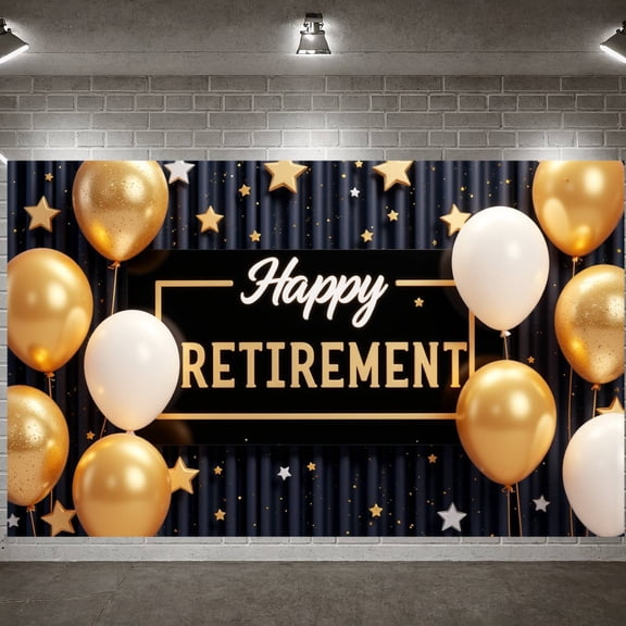 Golden Theme Retirement Banner Black Background Happy Retirement Display Shiny Stars Balloon Decor Retirement Party Backdrop for Retirement Party Farewell Event Office Celebration