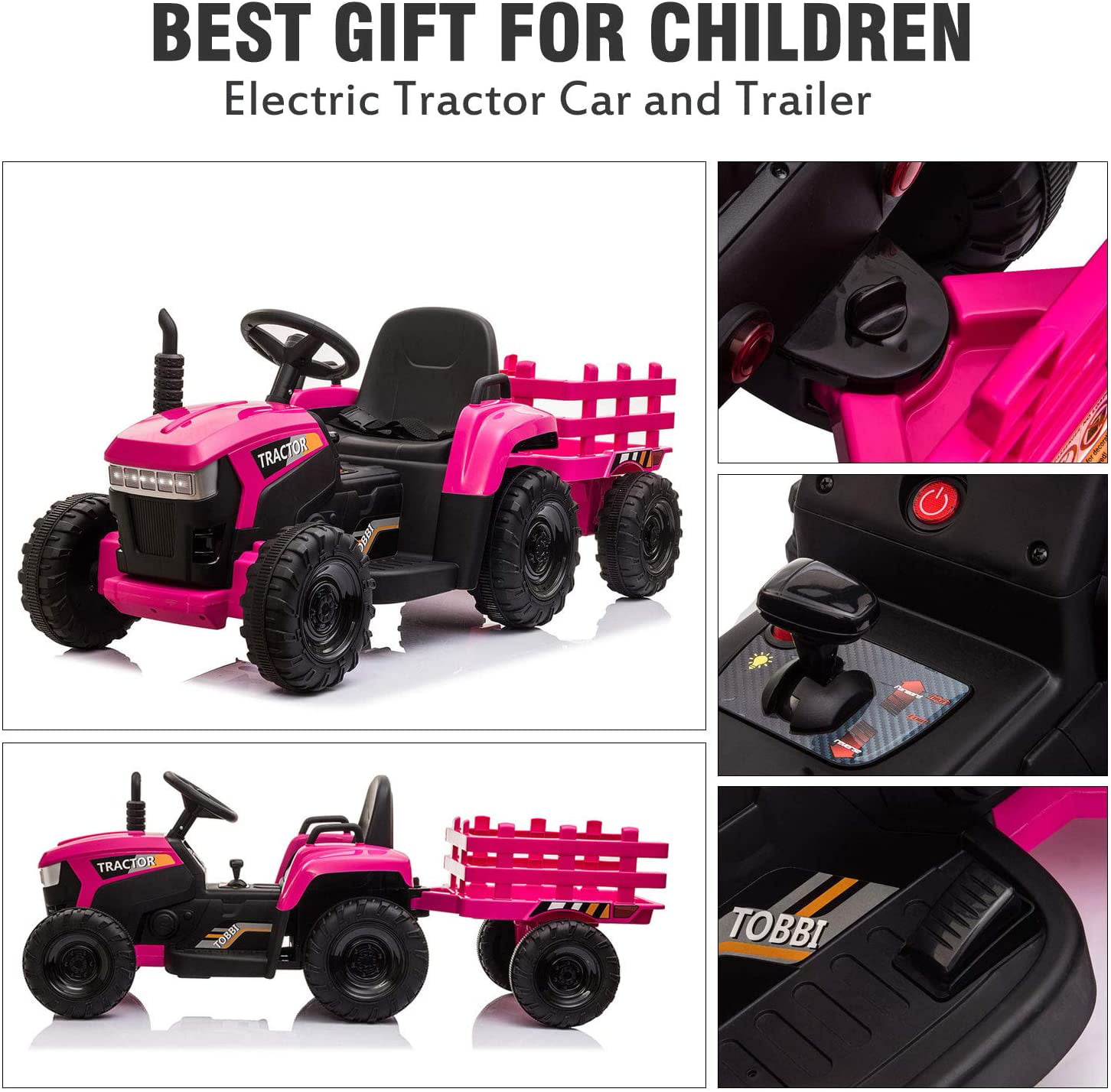 12V Battery Powered Toy Tractor w/Trailer 3-Gear-Shift Ground Loader Ride On Car 