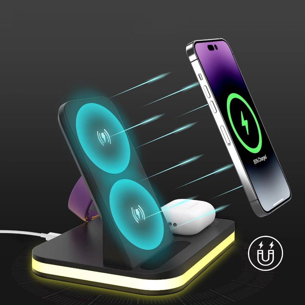 3-in-1 Fast Wireless Charging Station - 15W for iPhone 12-14 Apple Watch AirPods (Black Night Stand Mode)