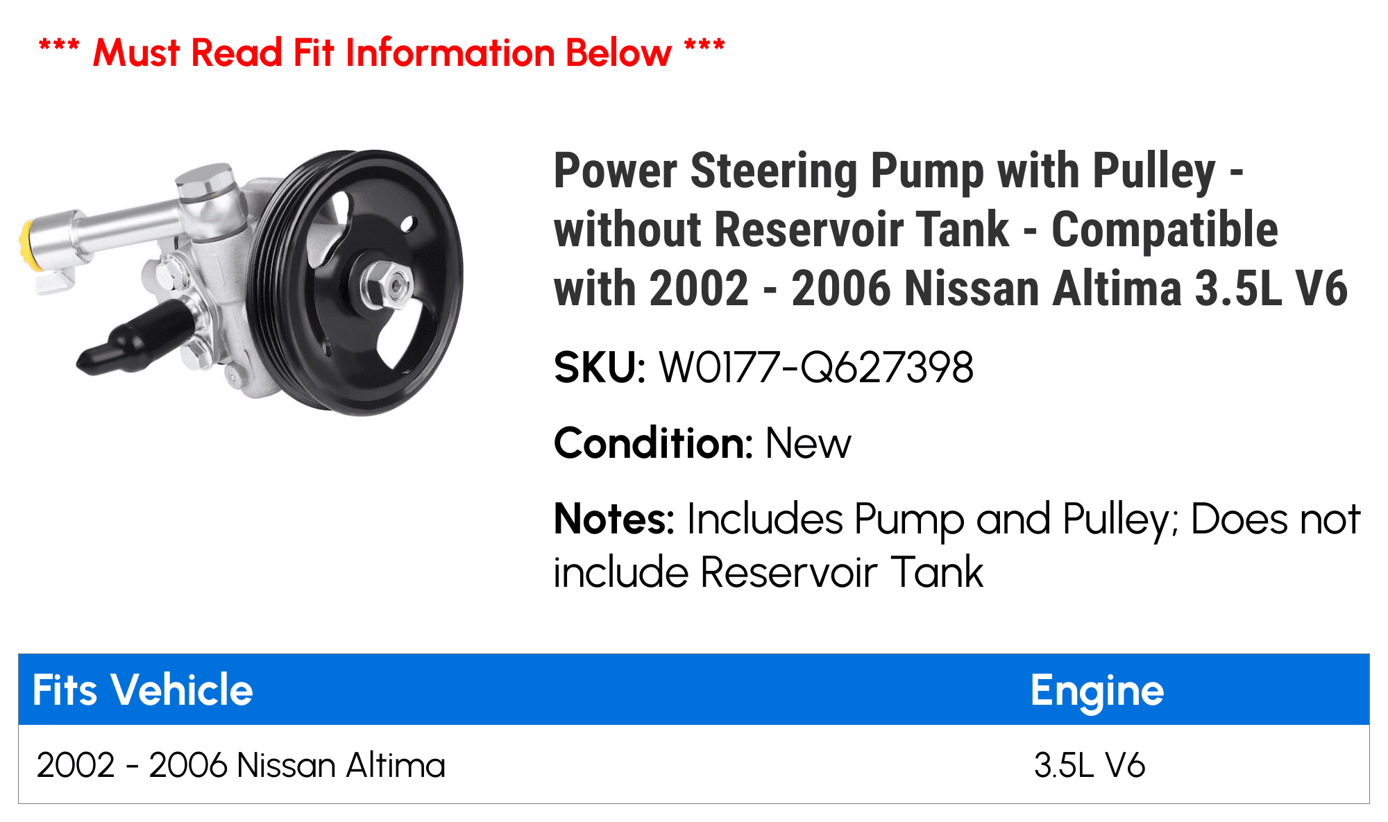 Power Steering Pump with Pulley - without Reservoir Tank - Compatible with 2002 - 2006 Nissan Altima 3.5L V6 2003 2004 2005