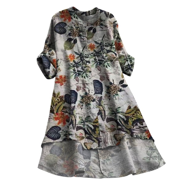 Mujeres Casual Lino Suelto Impreso Botón Manga Larga Camisa Larga Blusa Tops Fridja hj131