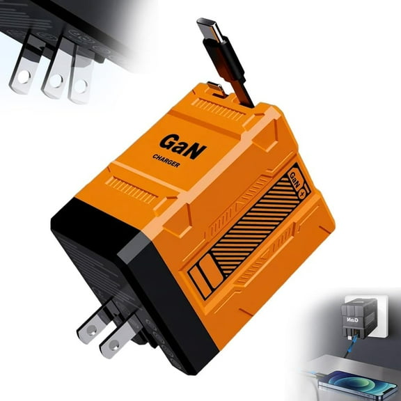 THOPBPRK 2-in-1 GaN Fast Charger 120w Retractable, Cyber Style Foldable Charger with 2 Scalable Type-C Cables Best Christmas Gift for Men & Adults (Orange)