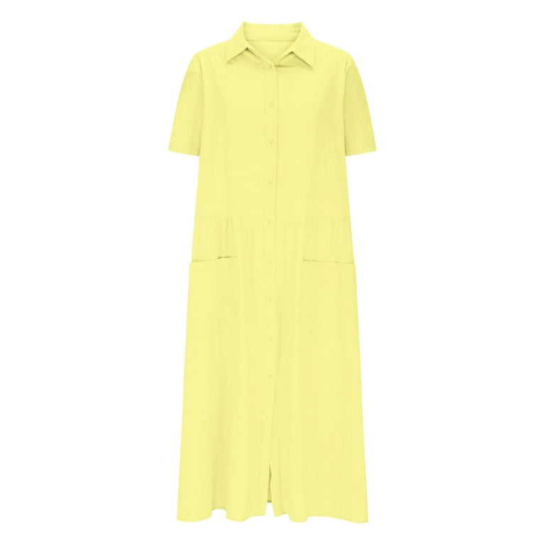 Dazajoo Women's Summer Short Sleeve Button Down Shirt Dress A-Line Flared  Maxi Long Beach Casual Dress,Yellow,L - Walmart.com