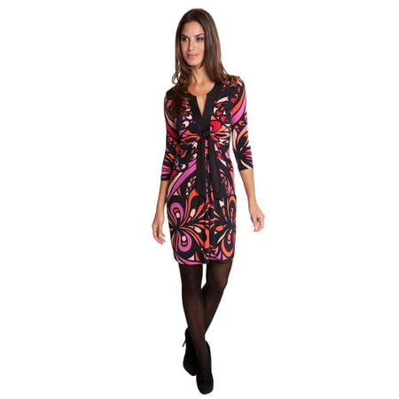 

OLIAN Maternity Women s Fuchsia Swirl Print Twist Tie 3/4 Sleeve Dress