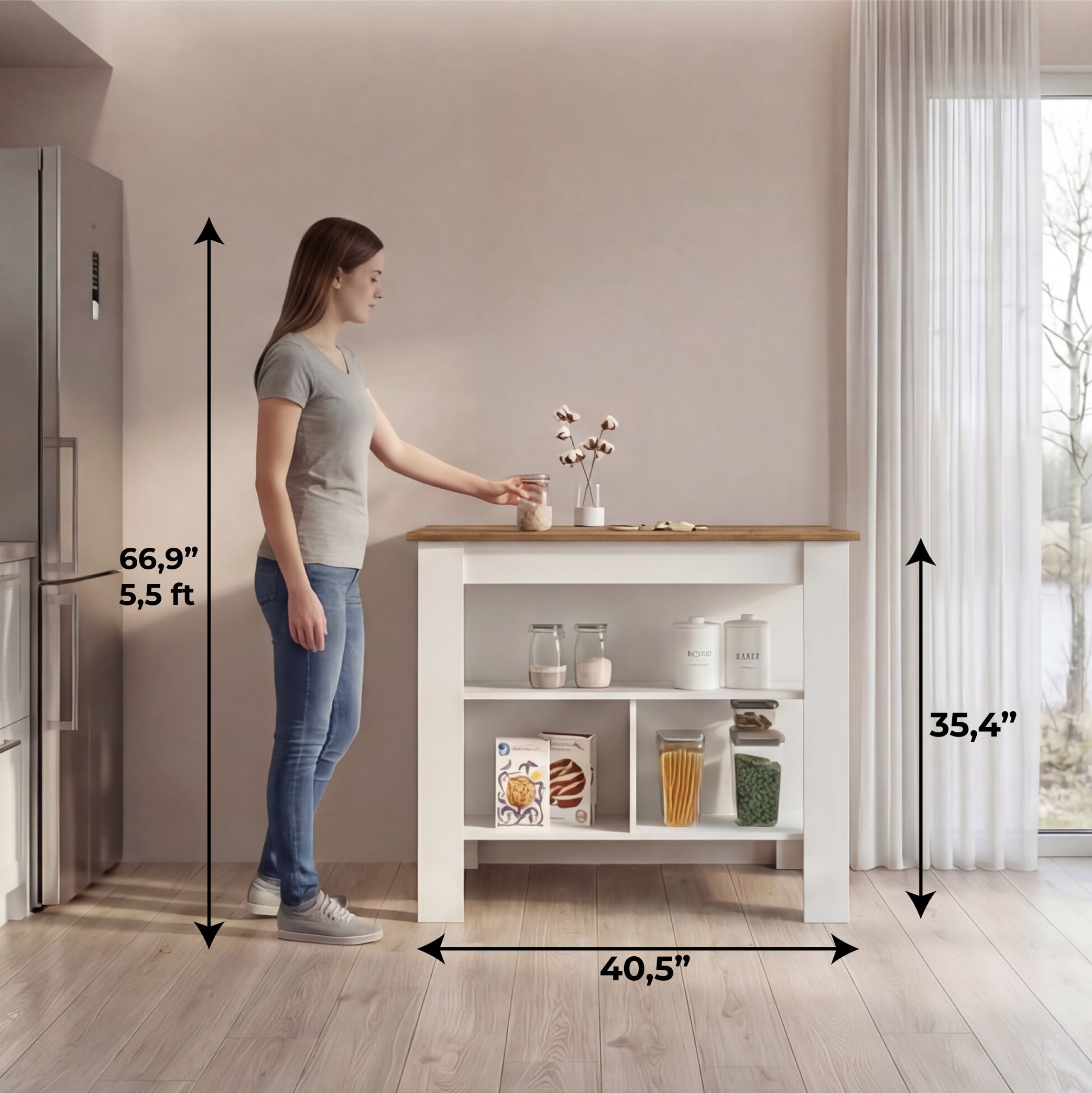 TUHOME Freestanding Cala 3-Shelf Wooden Kitchen Island, White Base/Light Oak Top