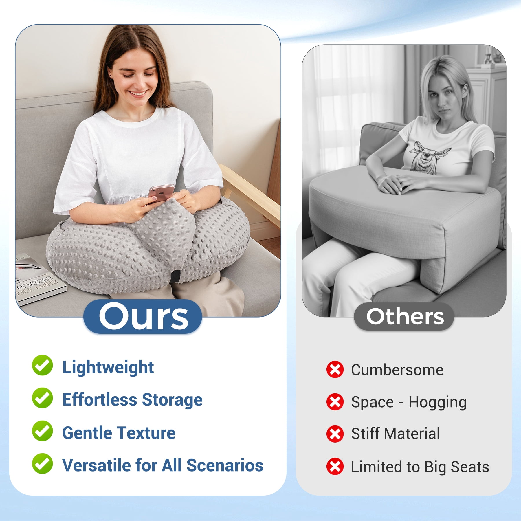 Reading Pillow for Gaming, Lap Desk Pillow for Sitting in Bed or Sofa, Compact Arm Support Pillow for Reading, Playing or Crocheting,  Grey