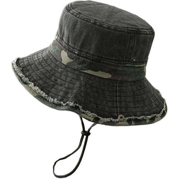 Cotton Unisex Cowboy Bucket Hat, Washed Denim Packable Camo Sun Hats Adjustable Strap Men Women, Distressed Boonie Outdoor