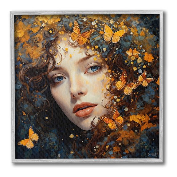 Stupell Industries Woman with Monarch Butterflies Animals & Insects Painting Gray Framed Art Print Wall Art, 17 x 17