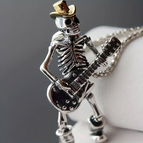 Men's Guitar Skull Necklace, Hip-Hop Rock Festival Party Accessory, Guitar Pendant