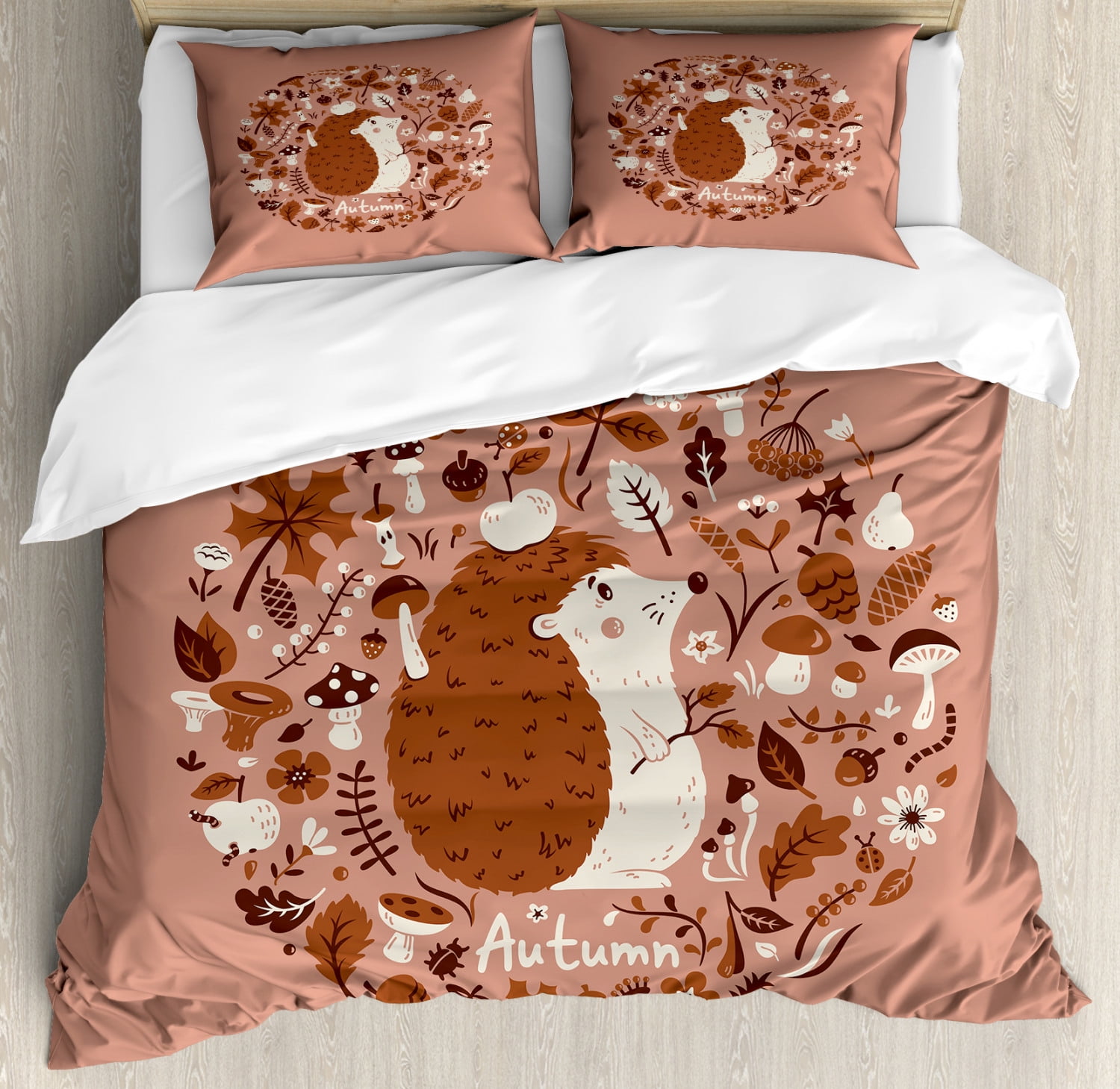 Hedgehog Duvet Cover Set, Autumn Theme Animal Image with Many Season