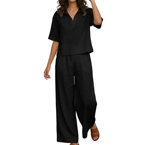 Cagogo Women Plus Size 2 Piece Set Casual Summer Outfits Collared Short Sleeve Shirt Wide Leg Pants Matching Lounge Sets Tracksuits Travel Airport Clothes, Black 2XL
