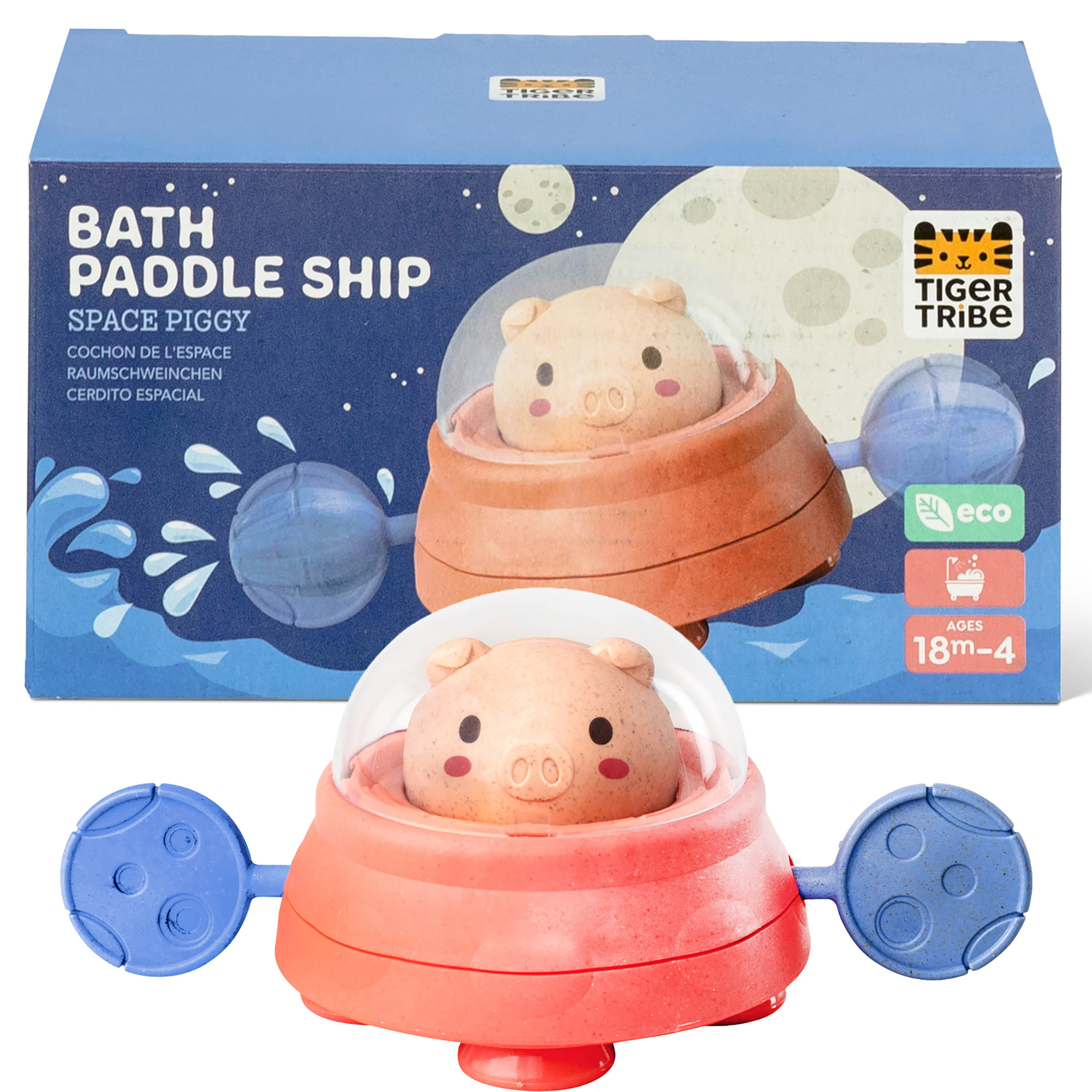 Tiger Tribe Paddle Ship Bath Toy - Space Piggy Floating Toy with Pull String Action, Non-toxic, Eco-friendly for Toddlers 18mo+, Develops Motor Skills