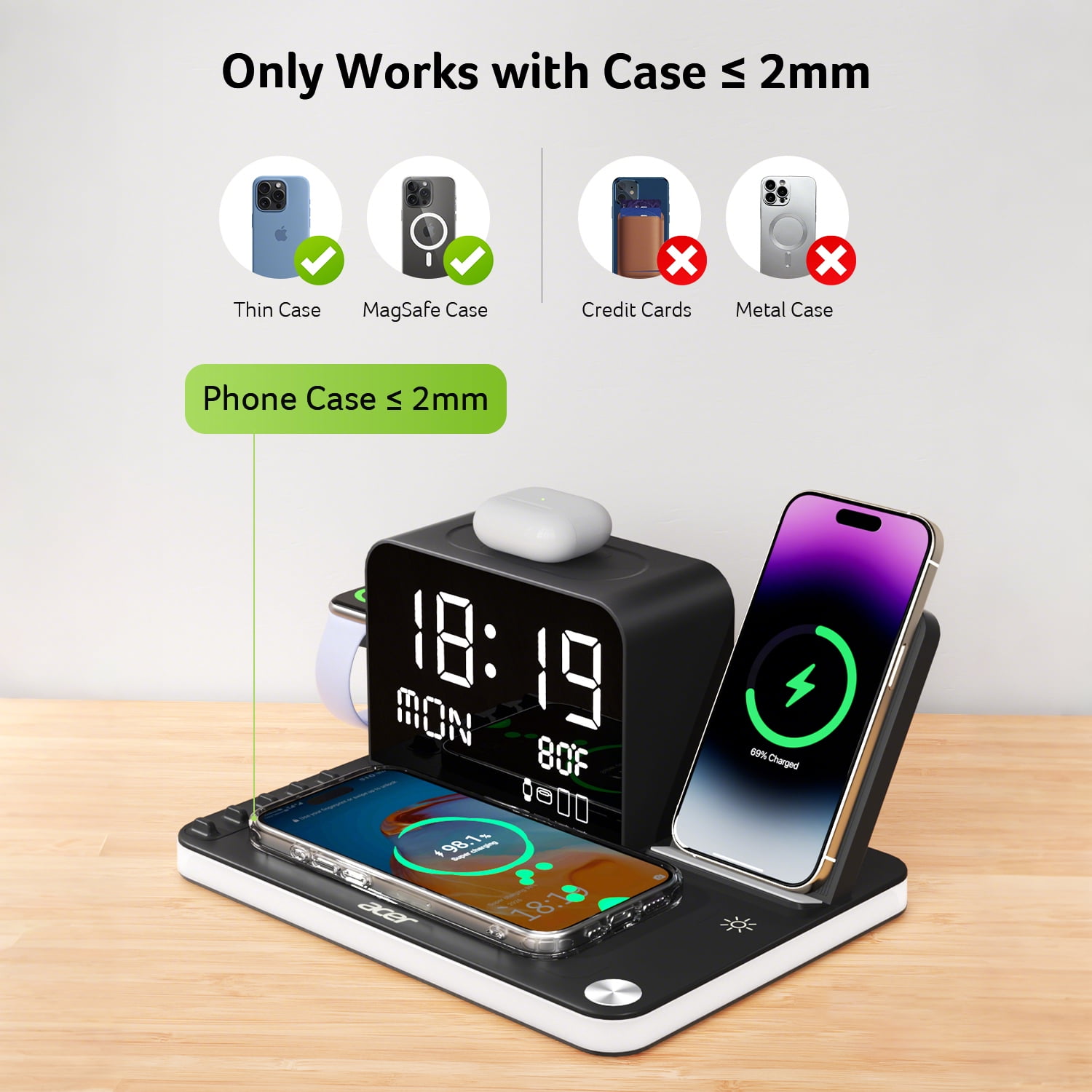Acer 7-in-1 Wireless Charging Station with LED Night Light, Compatible with iPhone and Apple Multiple Devices