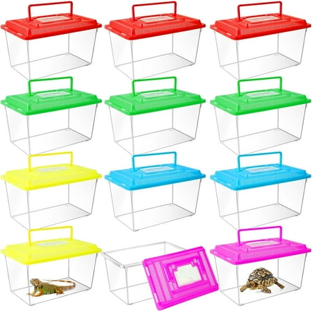 12Pcs Plastic Reptile Terrariums Carrier Cage, Tarantula Enclosure Breeding Box Hatching Container Transparent Fish Tank Turtle Aquarium with Random Color Lid for Lizards, XL(10.6" x 6.7" x 5.9")