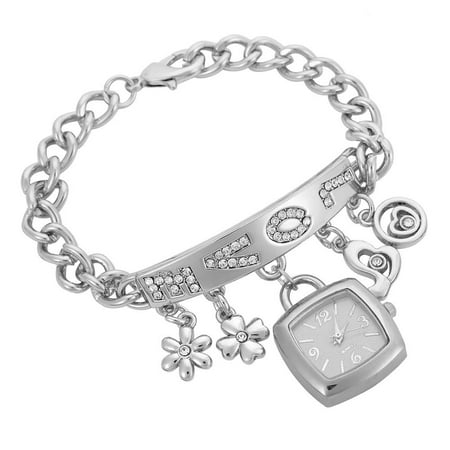 Mother Of Pearl Silver Wrist Watch - Fashion Watches Women Girl Quartz Flower Wristwatch Pendant Rhinestones Flower Heart Letter Alloy Bracelet Watch Clock Best Gift for Mom Mothers Day