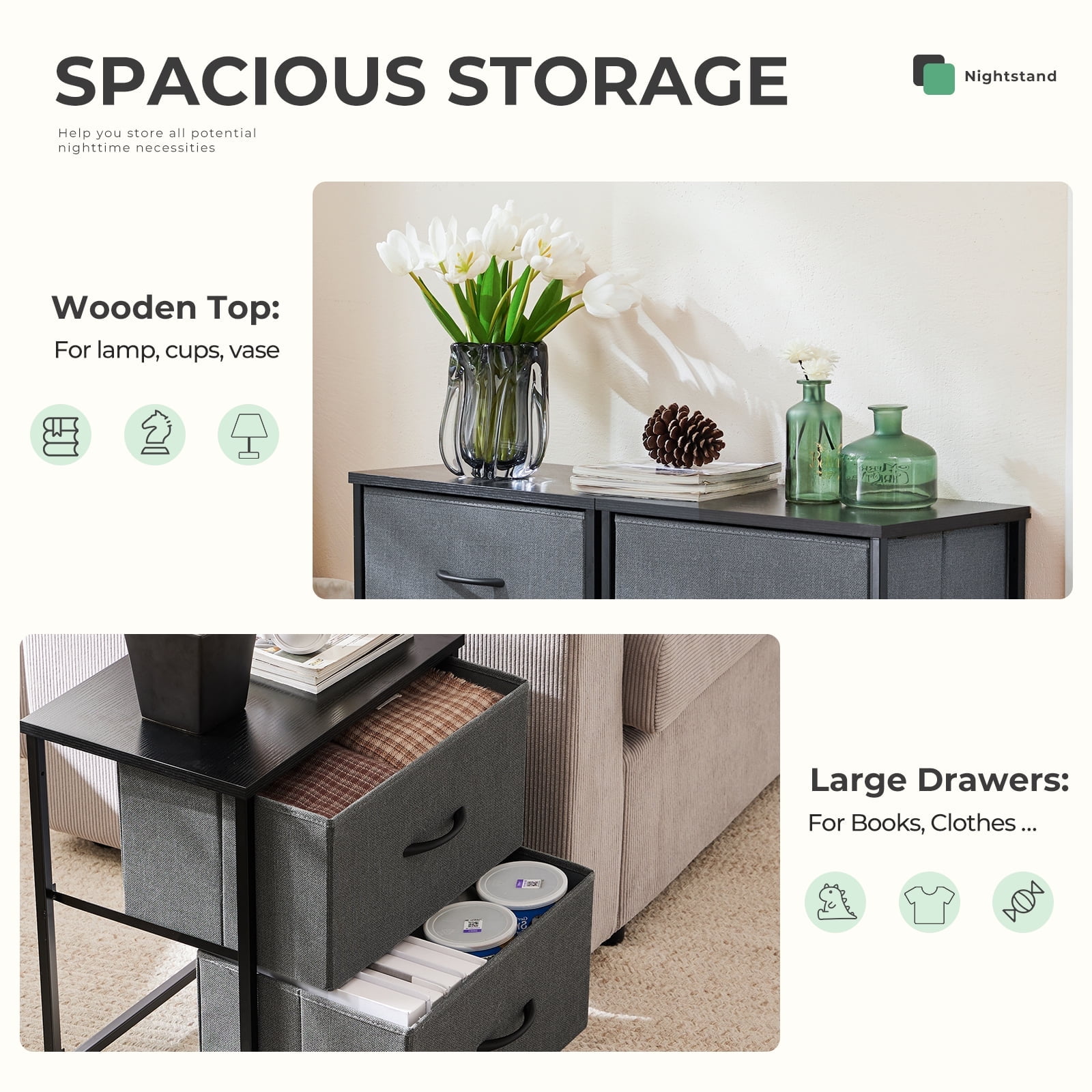 JOINSUN Grey Nightstand Dressers with 2 Fabric Drawers, Ideal for Bedroom Organization, Set of 2