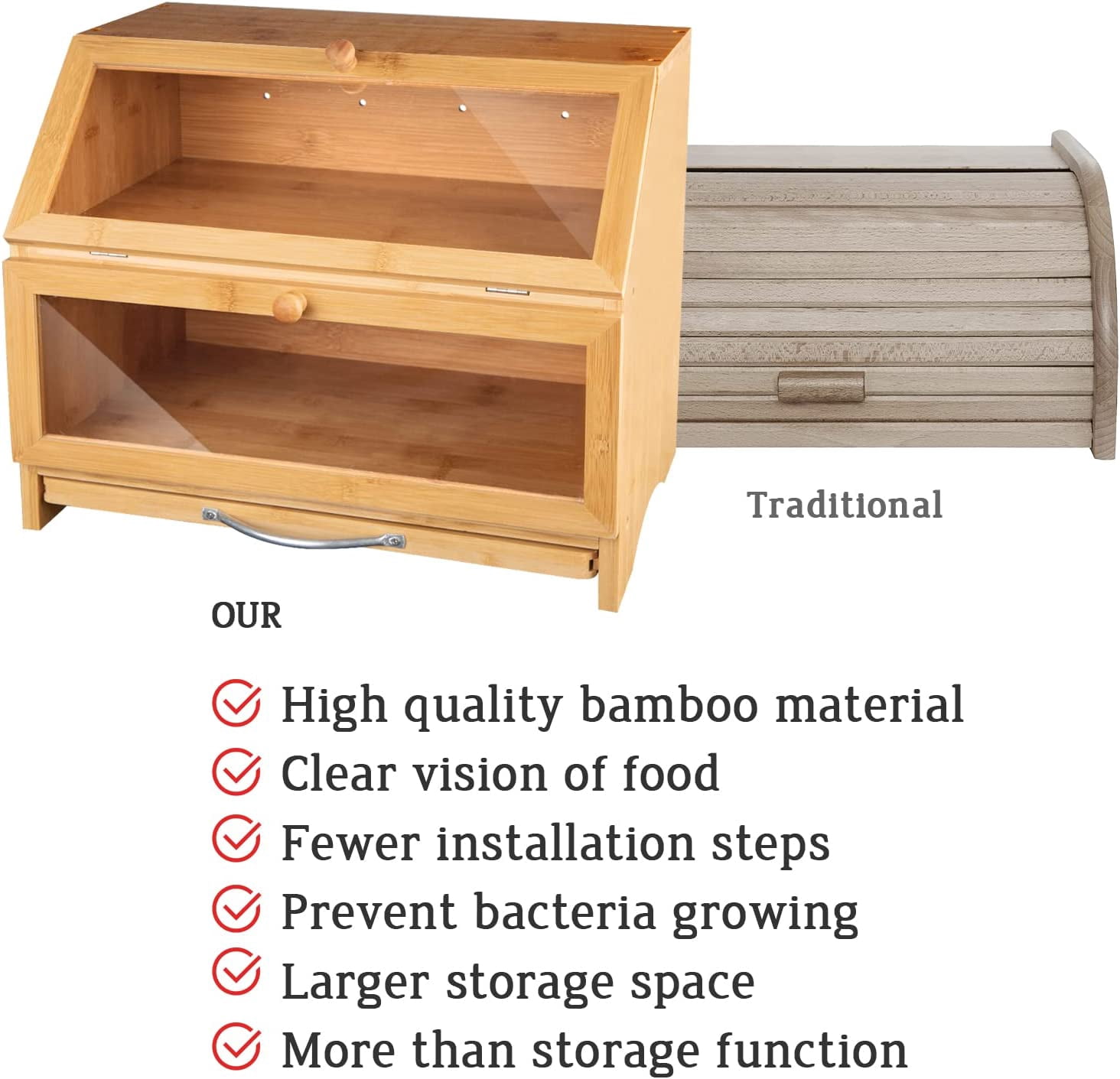 Double Layer Bamboo Bread Box for Kitchen Countertop, Cutting Board, and Stainless Steel Bread Knife, Large Capacity Storage Container with Clear Windows (Self-Assembly)