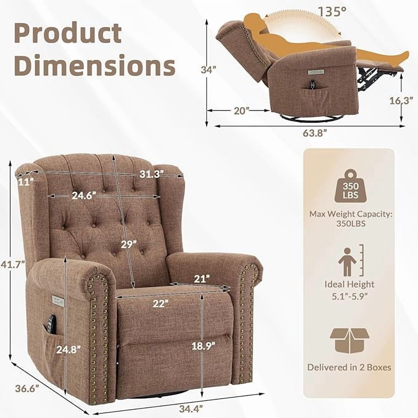 EPICOZY Power Swivel Rocking Glider Recliner Chair with Massage and Heat, Electric Nursery Glider Rocker for Living Room, Wingback Tufted Upholstered Recliner Chair with Type-C & USB Ports, Brown