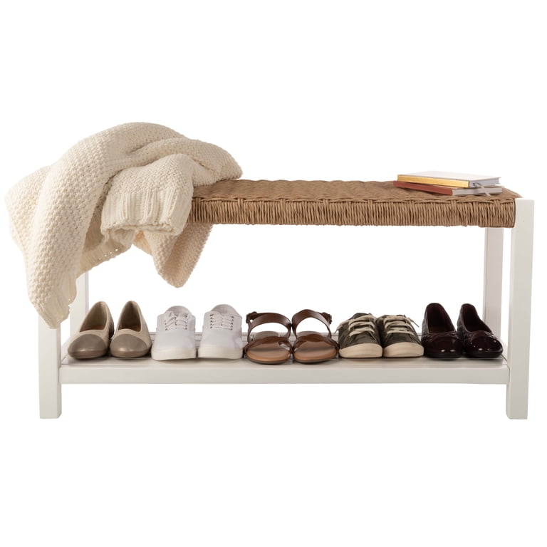 Alaterre Newport 40in Wood Bench with Rush Seat and Storage Shelf