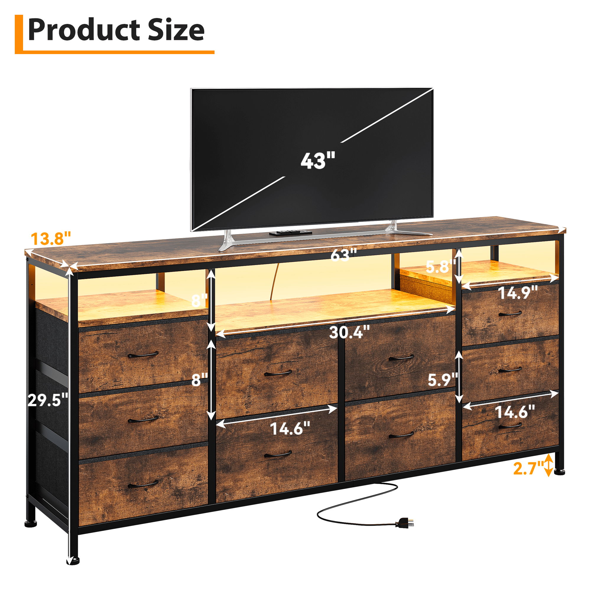 Towallmark 10 Drawer Dresser TV Stand for 65/70/75 Inch TV, 63" W Long Fabric Dresser Entertainment Center with LED Lights & Power Outlets for Bedroom with Led Lights & Power Outlets