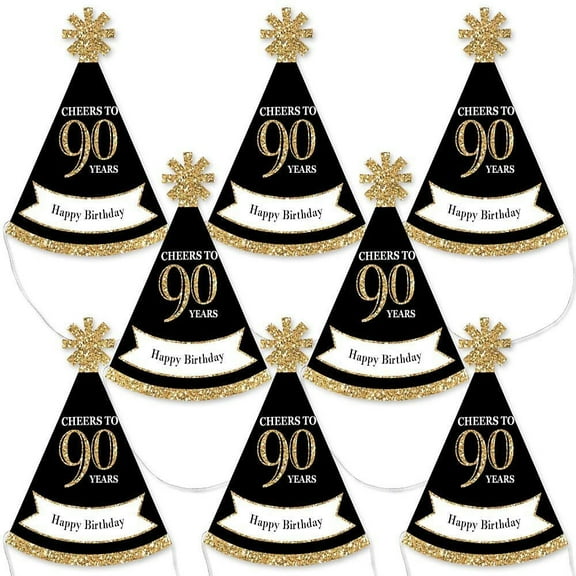 Big Dot of Happiness Adult 90th Birthday - Gold - Mini Cone Birthday Party Hats - Small Little Party Hats - Set of 8