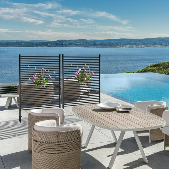 Danolapsi 72" H x 47" W Outdoor Privacy Screen, Freestanding Decorative Fence, Metal Privacy Fence Panels for Outside, Slatted Screens with Stand for Patio Lawn Garden Deck Balcony, Black