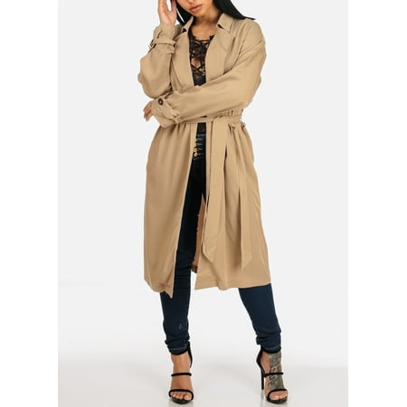 Stylish Lightweight Womens Juniors Solid Taupe Long Sleeve Tie Belt Trench Coat Jacket
