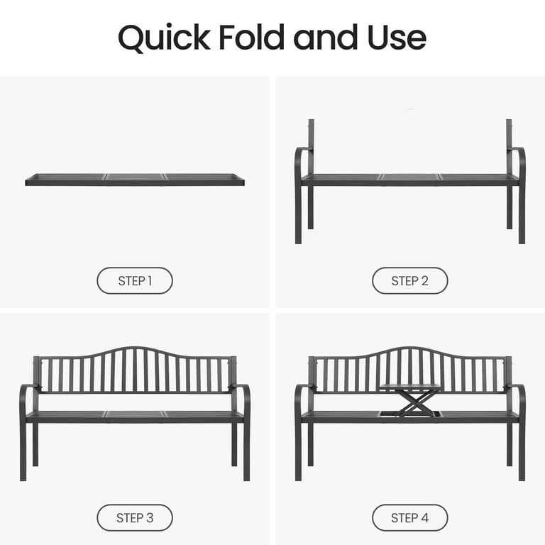 Naipo 59-Inch Metal Garden Bench with Built-In Table, Gray photo 5