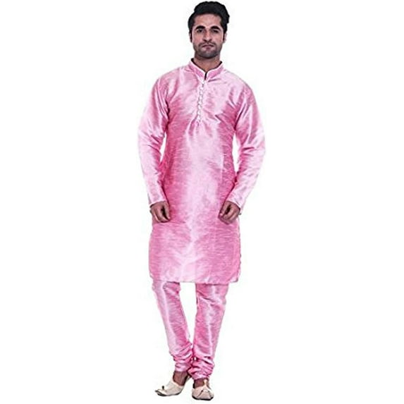 Royal Kurta Men's Luxury Art Silk Blend Occasional Kurta Churidar Set Pink