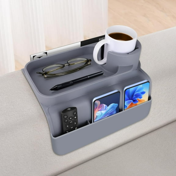THOPBPRK Couch Cup Holder Tray, Silicone Sofa Drink Holder with Dual Side Pockets, Couch Arm Tray for Cup, Phone, Tablet, Remote Control for Home Stuff (Gray)
