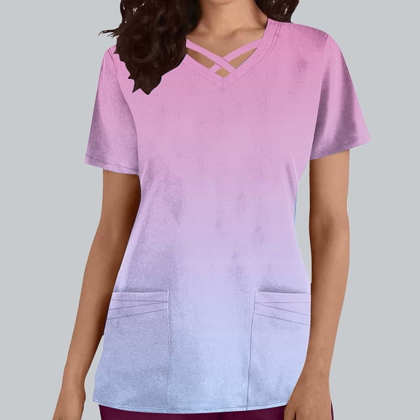 Fiudx Liquidación de Ofertas Flash Top de Ropa de Enfermería con Bolsillo y Cuello En V de Manga Corta de Color Degradado Informal a La Moda para Mujer