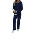 thumbnail image 3 of Womens Two Piece Outfits Casual Long Sleeve Knit Sweater Tops Matching Wide Leg Pants Tracksuit Lounge Sets Navy Blue S, 3 of 7