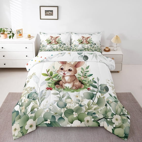 Erosebridal Kawaii Rabbit Twin Size Comforter Set Cartoon Bunnies Bedding Set, Eucalyptus Leaves Down Comforter Jungle Wildlife Animals Bed Set, Tropical Botanical Plants Quilted Duvet