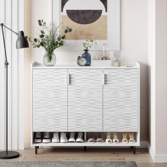 Toytexx Modern Shoe Cabinet with Motion Sensor Light & Deodorizer, 4-Door Shoe Storage Organizer with Adjustable Shelves, White Wave Pattern, 46" x 13" x 39"