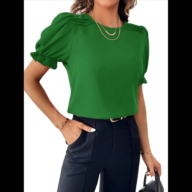 Blusa de de Corta , Elegante y con Cuello para Mujer, Blusa de Verano. Verde L