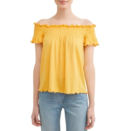 Off Shoulder Smock - Juniors' Knit Gauze Smocked Off the Shoulder Blouse