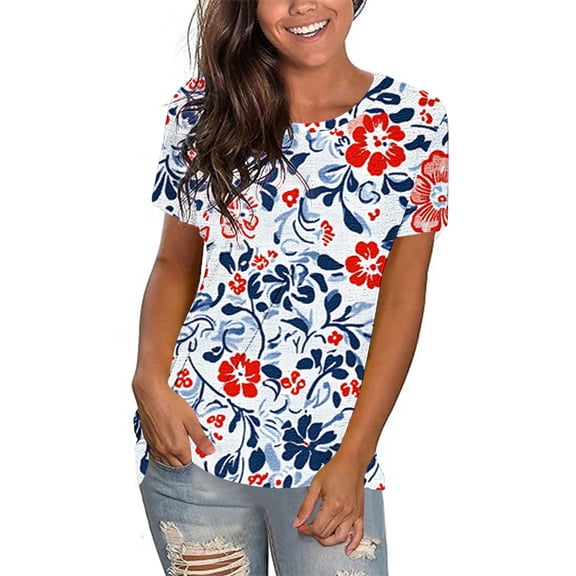 Jsaierl Womens Short Sleeve Tops Plus Size Vacation Shirts Round Neck Flowy Ladies Blouses Boho Print Tshirts Top S-3XL