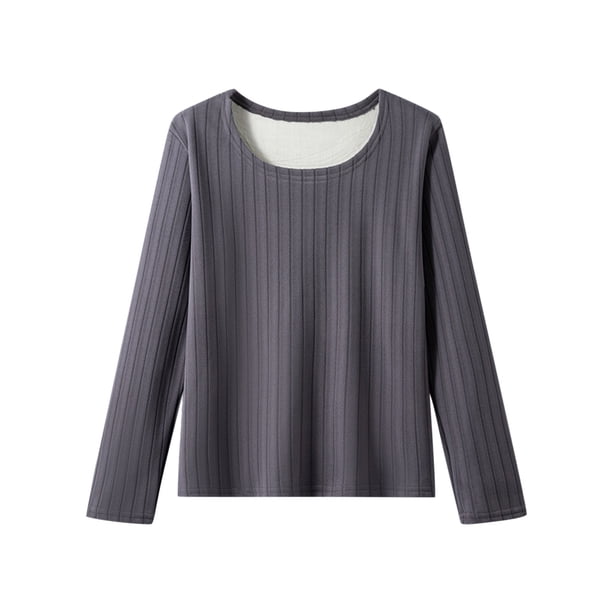 Ropa interior térmica para mujer, color sólido, cuello redondo, terciopelo grueso, manga larga, ajustada, ropa interior cálida, pijama de poliéster para mujer