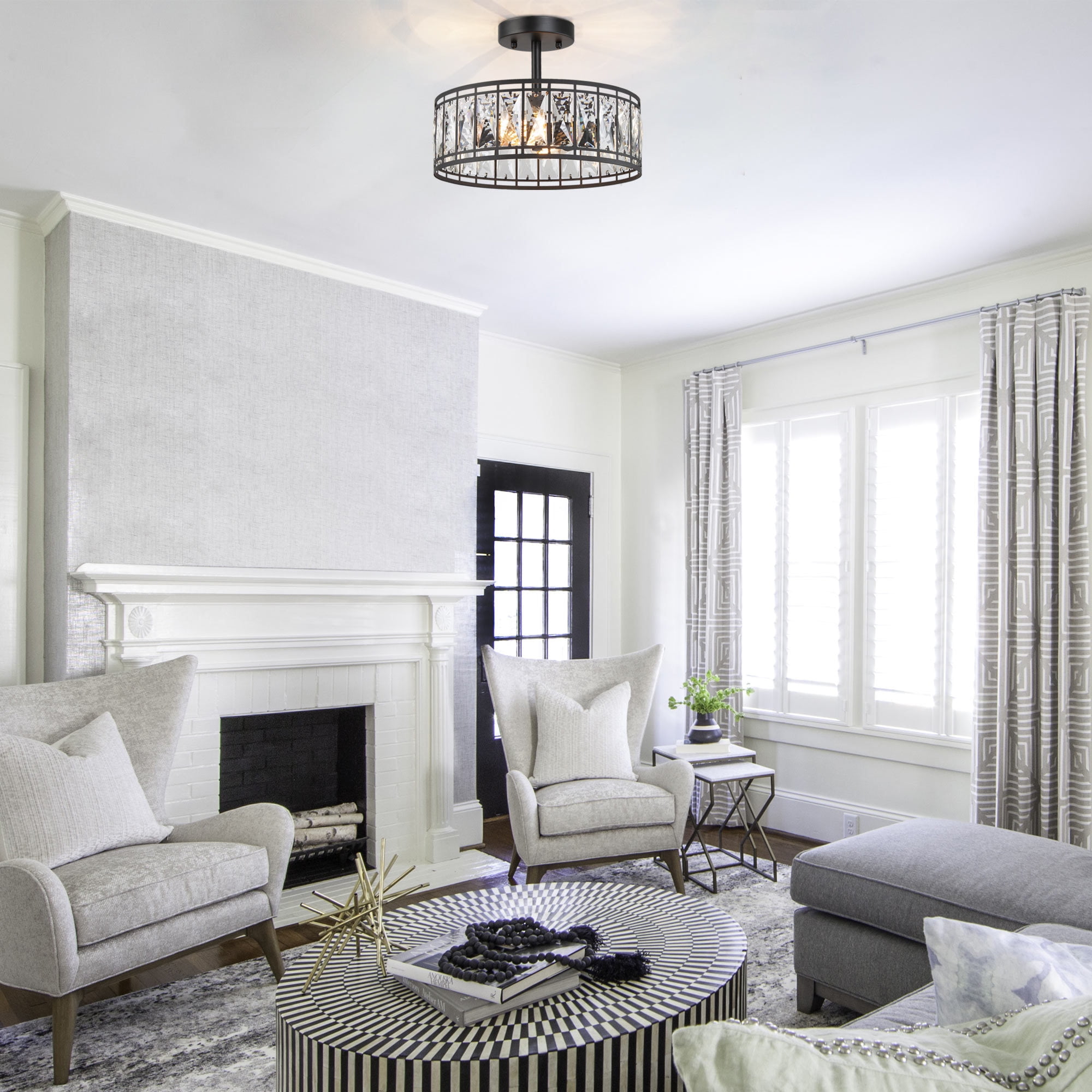 LNC 2-Light Matte Black Crystal Semi-Flush Mount Ceiling Light, Modern Drum Ceiling Light Fixture for Bedroom, Hallway, Entryway and Foyer