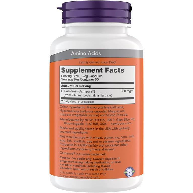 Now Supplements, L-Carnitine 250 mg, Purest Form* Amino Acid* Fitness  Support* Metabolic Support 120 Vegetarian Capsules, Gluten Free, Vegan,  Kosher, 