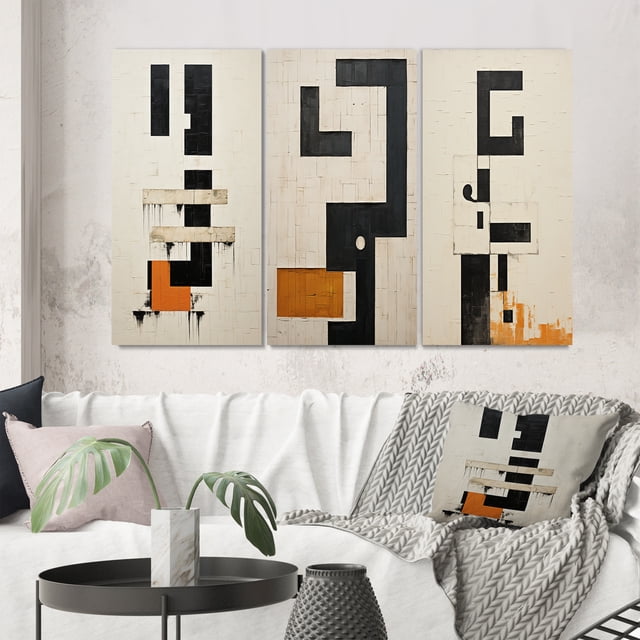 Designart "Abstract Monochrome Minimalism New Order V" Modern Geometric Wall Art Set Of 3 - Black Abstract Gallery Wall Set For Home Decor
