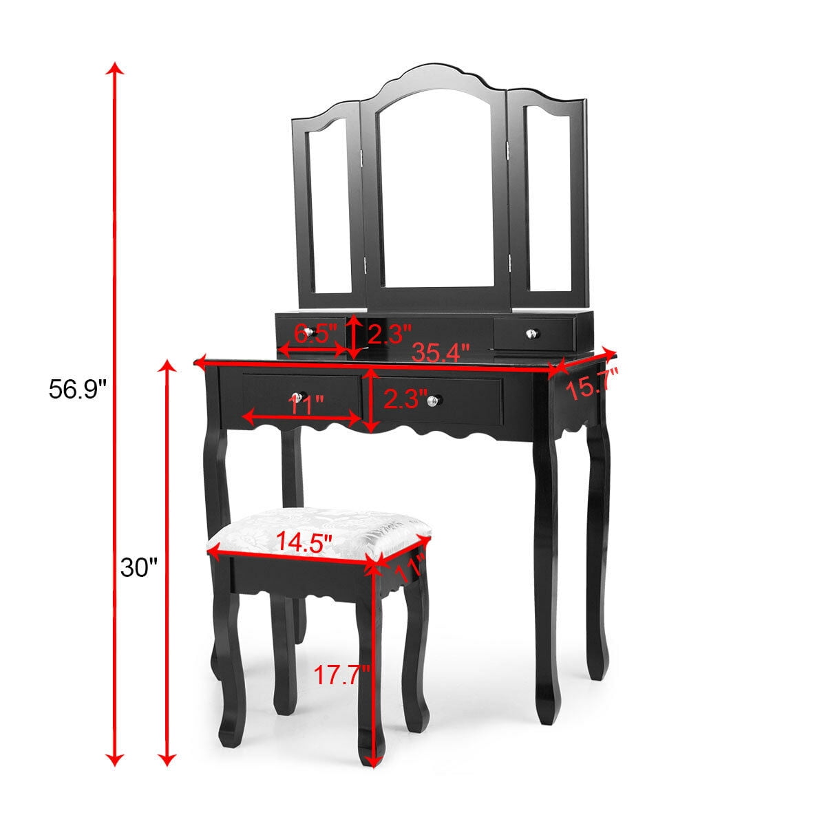Kepooman Vintage Wooden Vanity Set, Makeup Dressing Desk with Cushioned Stool & Tri Folding Mirror - Black Kepooman Vintage Wooden Vanity Set, Makeup Dressing Desk with Cushioned Stool & Tri Folding Mirror - Black