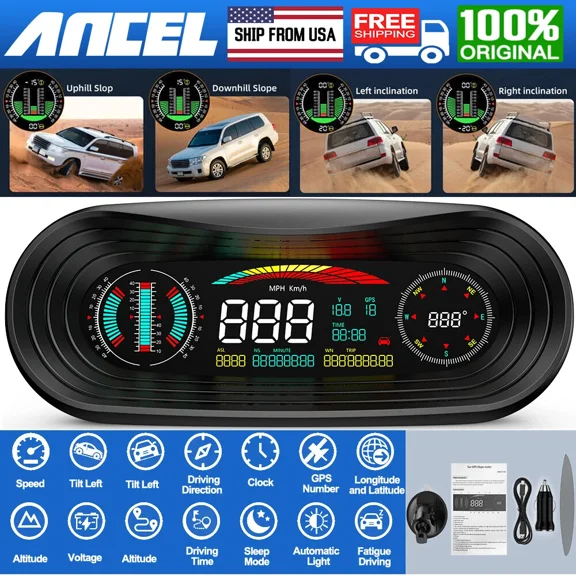 ANCEL P18 Car Head Up Display, GPS Auto Tracker 4x4 Digital Inclinometer Off-Road HUD head Up Display Slope Meter Projector, Security Alarm Speedometer Gradient Meter Tools for All Car