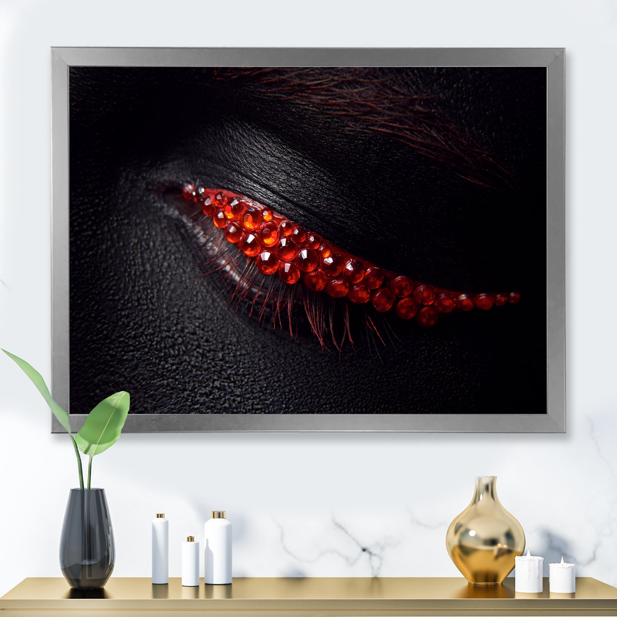 Designart 'Beautiful Black Skin Female Eye With Red Diamonds' Modern Framed Art Print